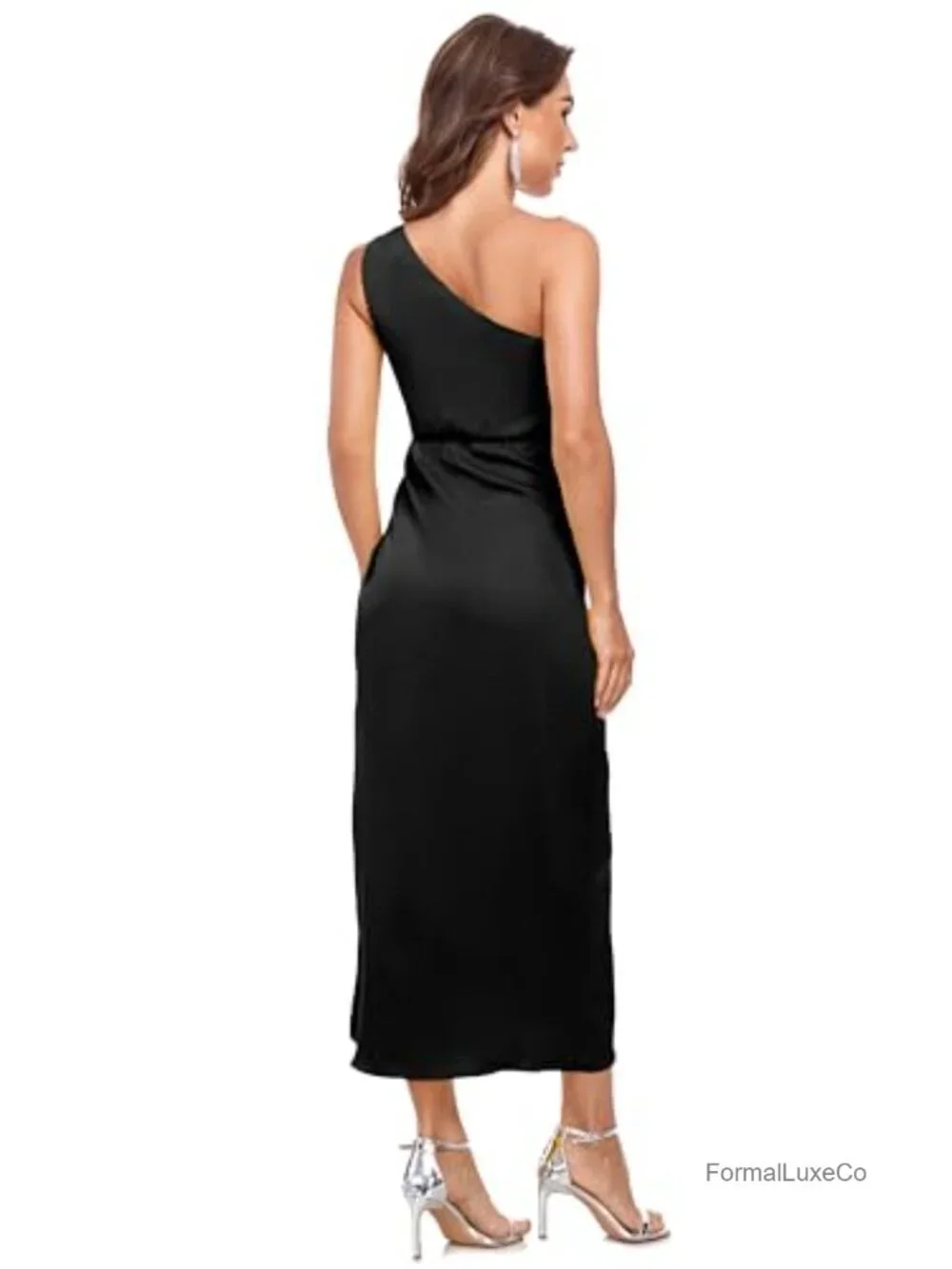 Satin One Shoulder Midi Dress Twist Front Backless Party Cocktail